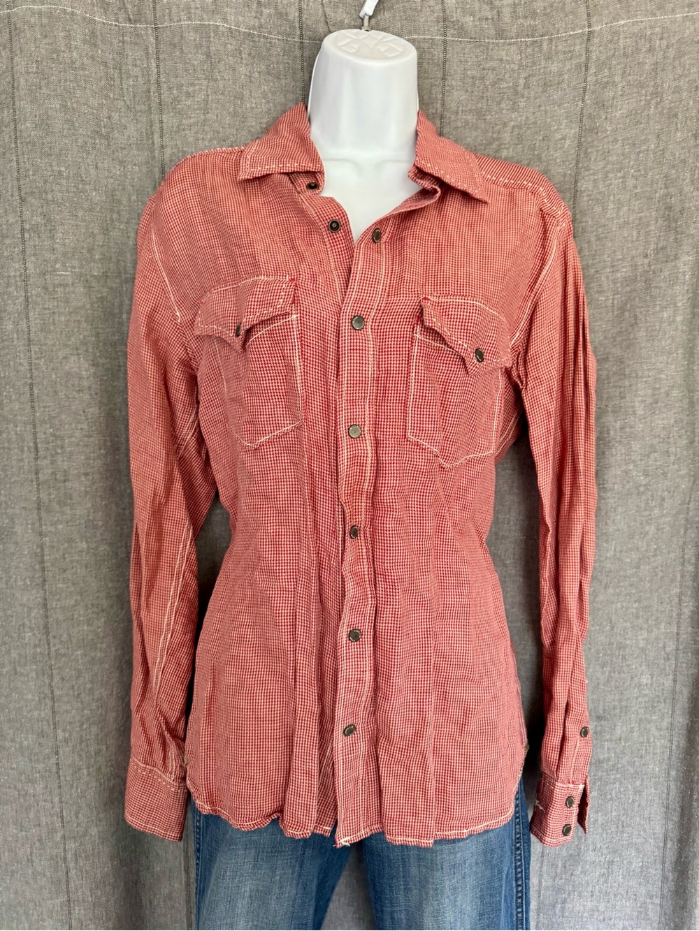 Ryan Michael Shirt Mens Sm Cherry Silk Linen Western Snap Long Sleeve Gingham